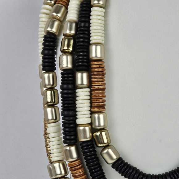 Statement Multistrand Beaded Necklace Black Brown Cream Gold Tone Magnetic Clasp - Picture 4 of 13